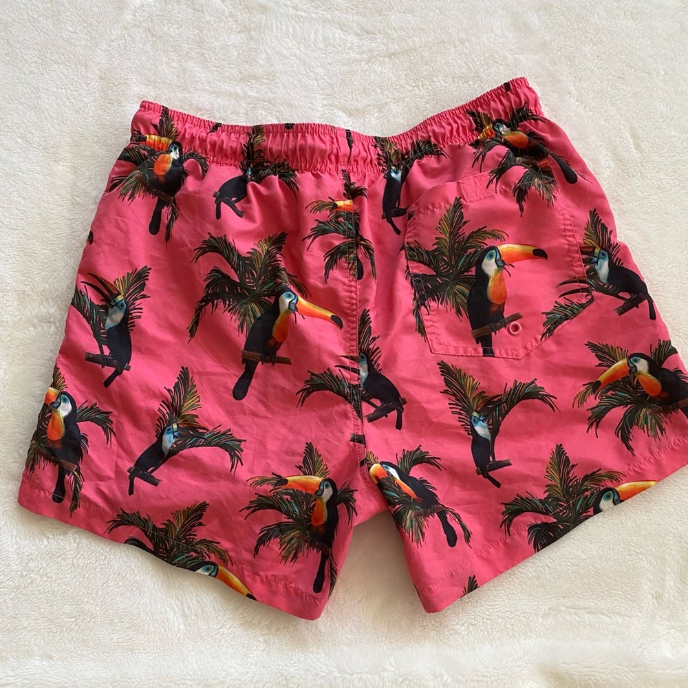 Pink tucan print mini workout shorts / swim trunks. Best fits Small. - Picture 3 of 10